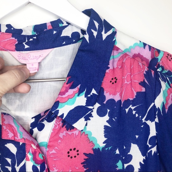 Lilly Pulitzer Pink Blue Floral Shirt Dress 8 - Picture 2 of 7